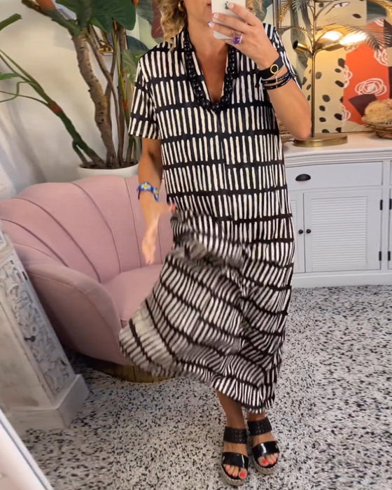 Printed short sleeve casual long dress