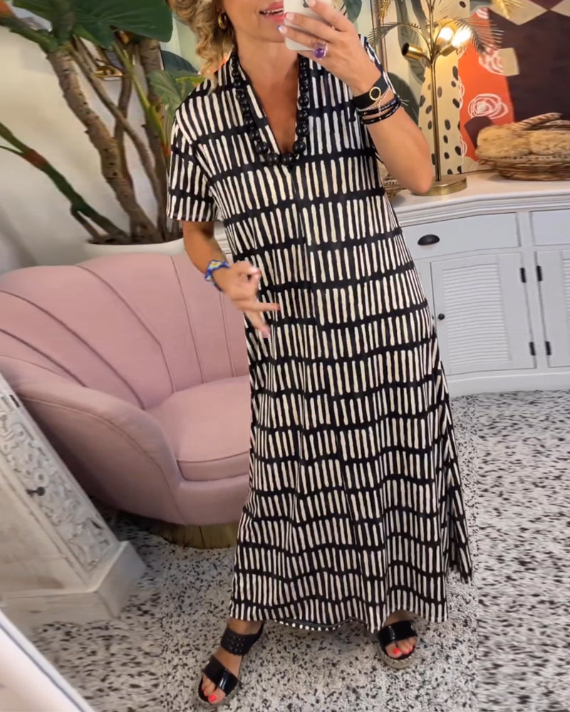 Printed short sleeve casual long dress