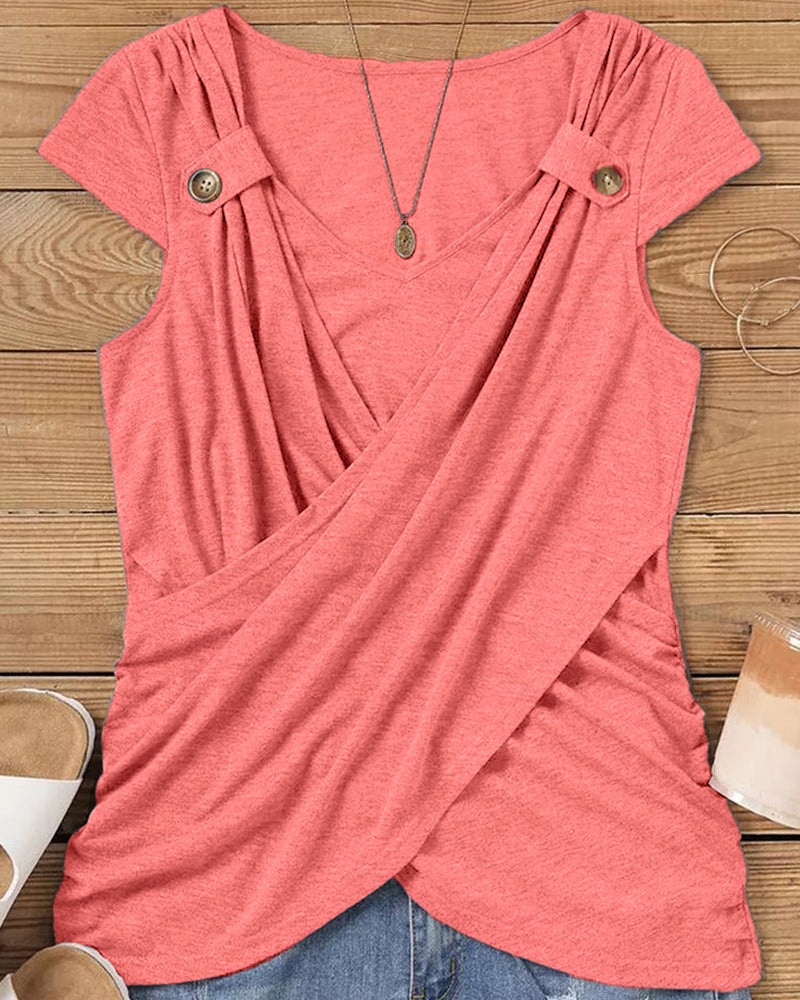 Round neck solid color short-sleeve top
