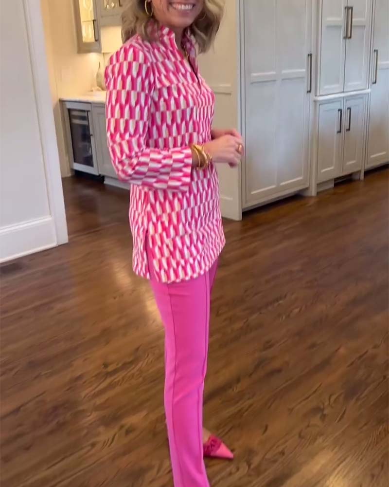 Printed stand collar nine-quarter sleeve top