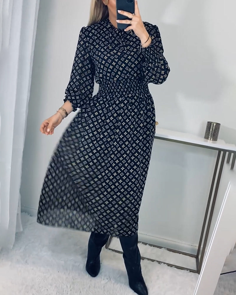 Printed long-sleeved waist dress