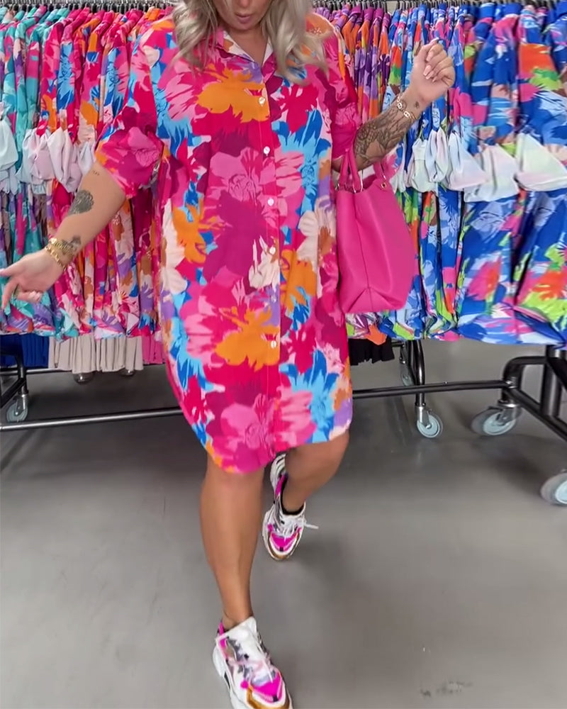 Colorful floral print lapel midi dress