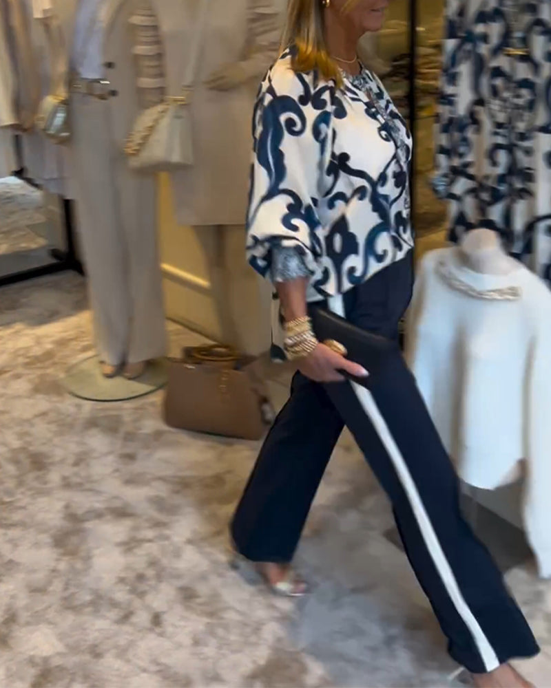 Retro pattern print lantern sleeve blouse