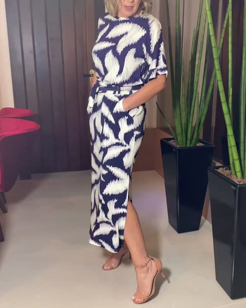 Elegant printed lace-up dress with pockets