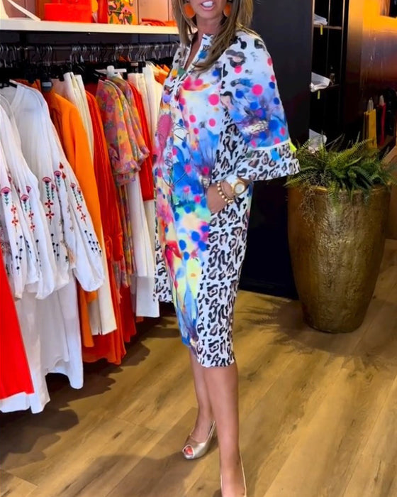 Paneled leopard print V-neck midi dress