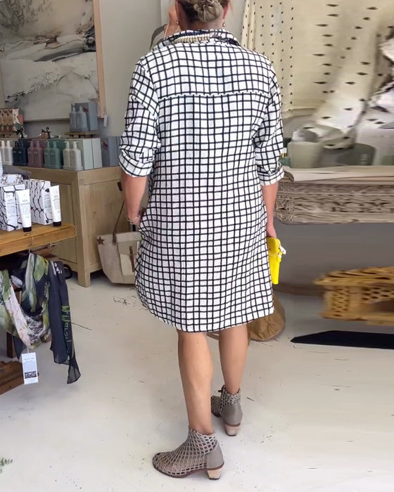 Plaid lapel pocket loose dress