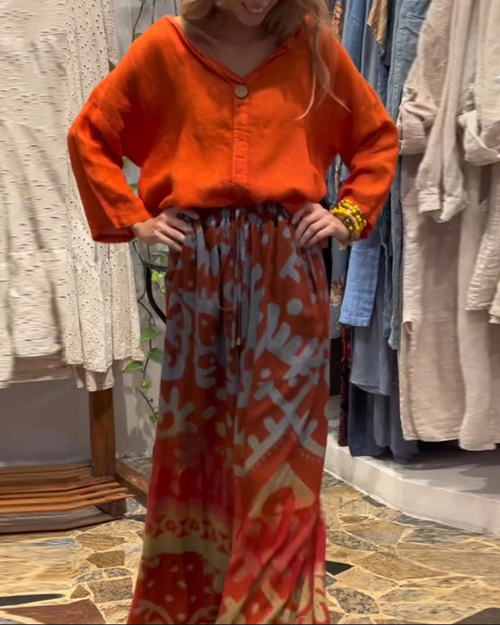 Printed pocket loose wide-leg pants