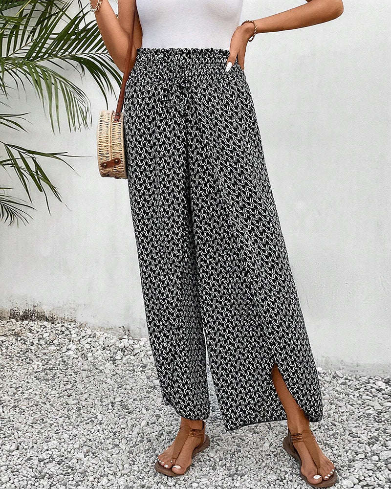 Elastic printed slit wide-leg pants