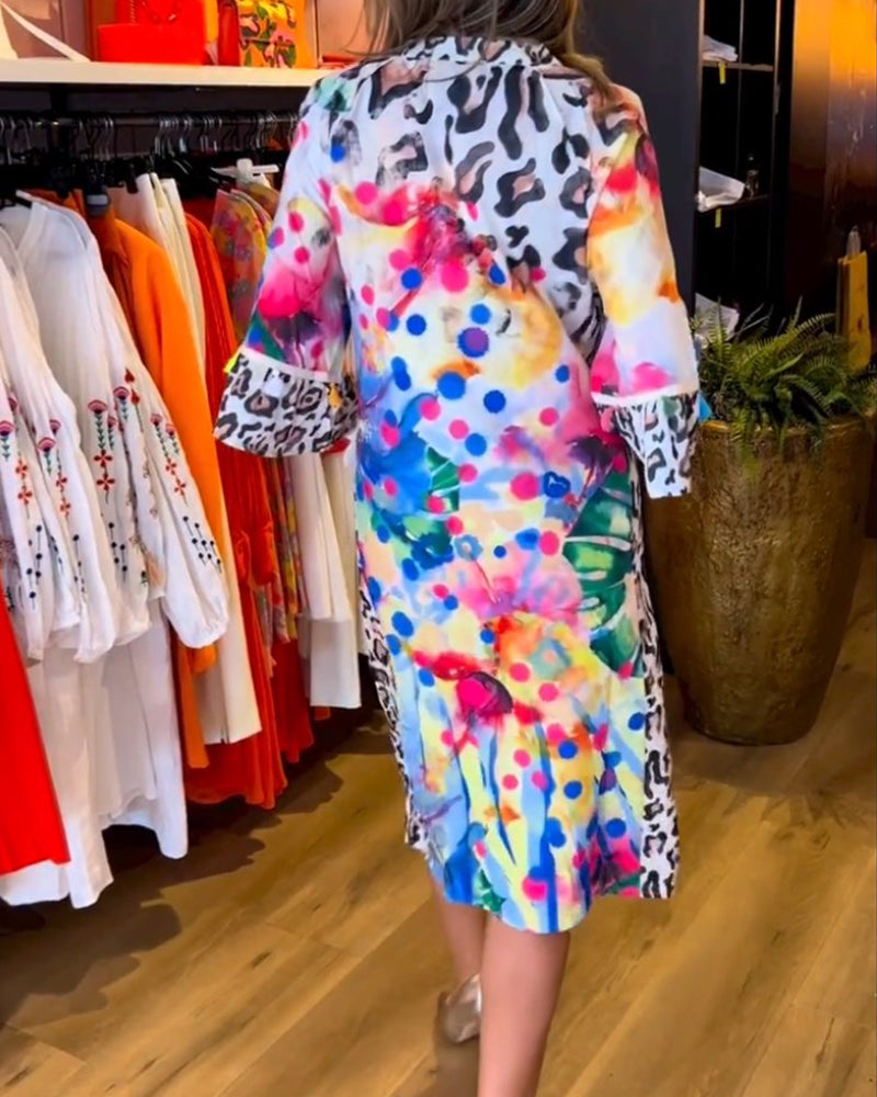 Paneled leopard print V-neck midi dress