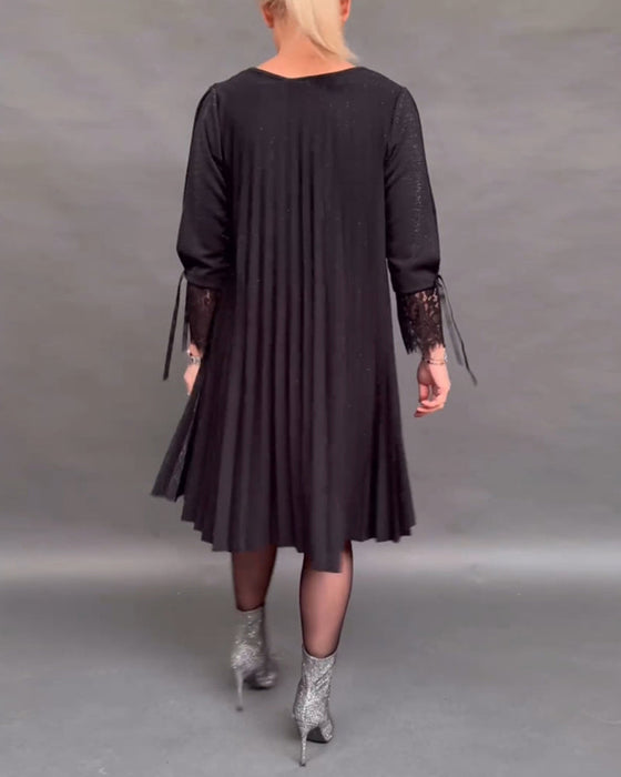 Patchwork lace pleated solid color dress