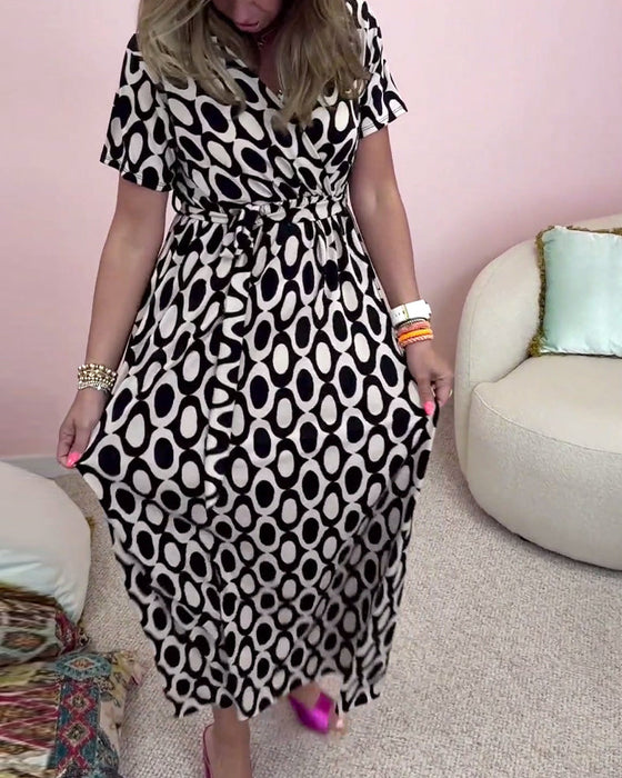 Short Sleeve V-Neck Printed Dress