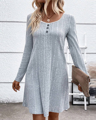 Round Neck Casual Dress with Buttons
