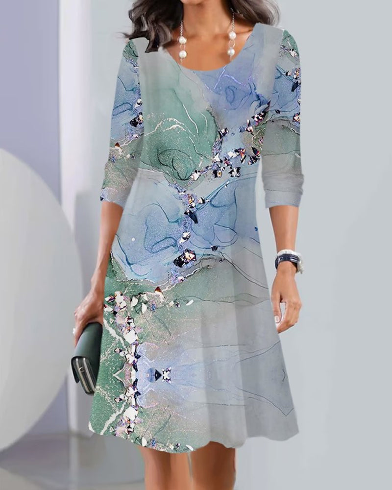 Printed long sleeve crew neck dress