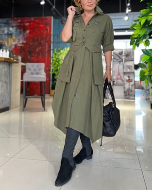 Lapel casual pocket solid color dress