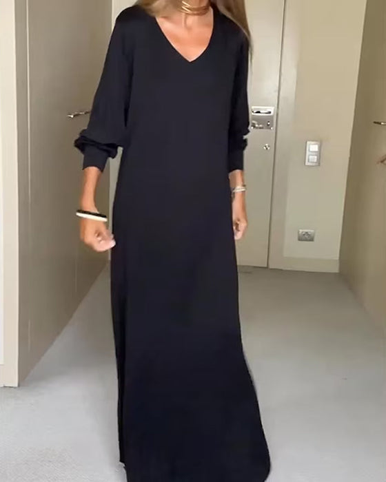 Casual solid color v-neck dress