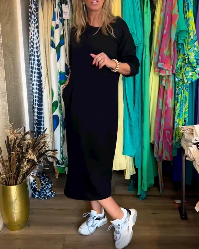Solid Color Round Neck Dress