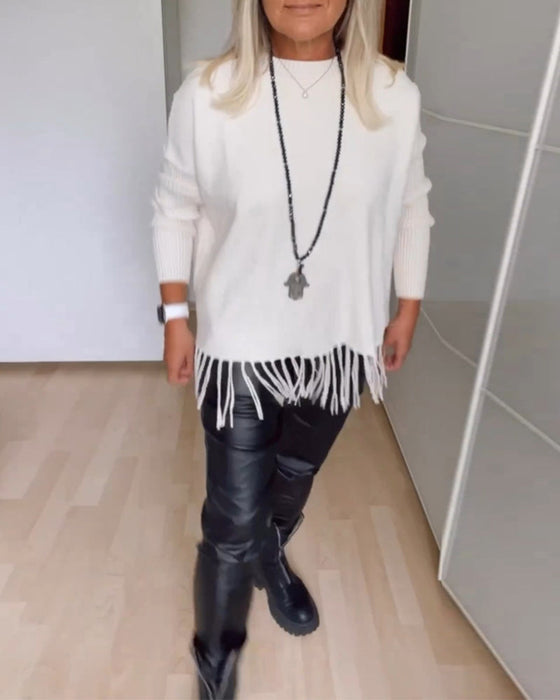 Solid color fringed casual sweater