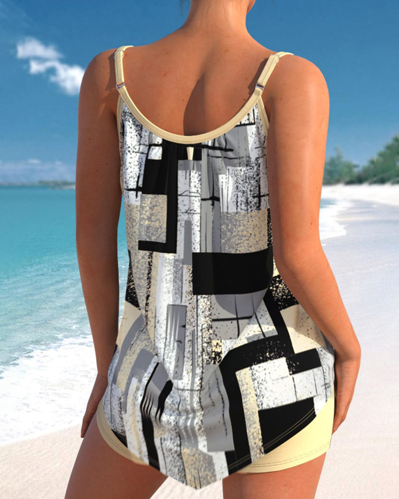 Lace-up printed tankini swimsuit