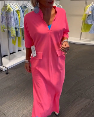 Slit V-neck solid color dress