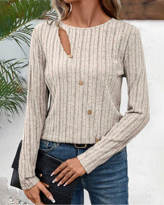 Ribbed round neck button top