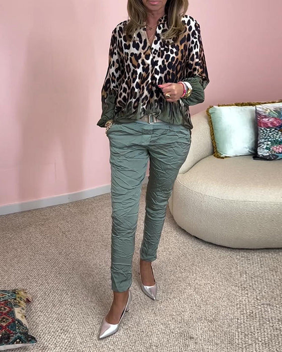 Leopard print long sleeve V-neck blouse