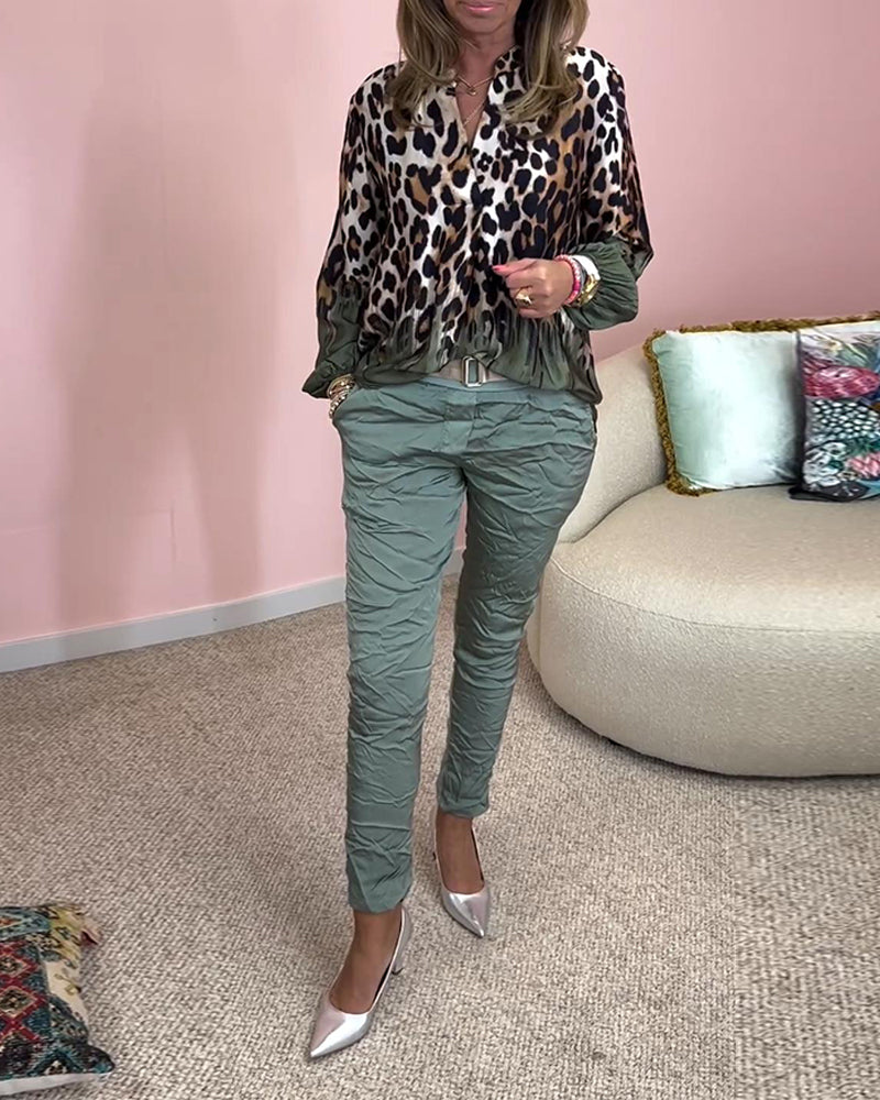 Leopard print long sleeve V-neck blouse