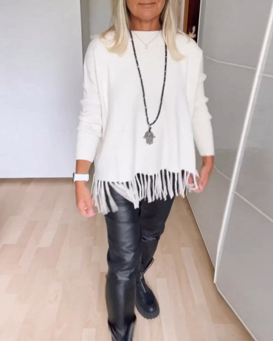Solid color fringed casual sweater