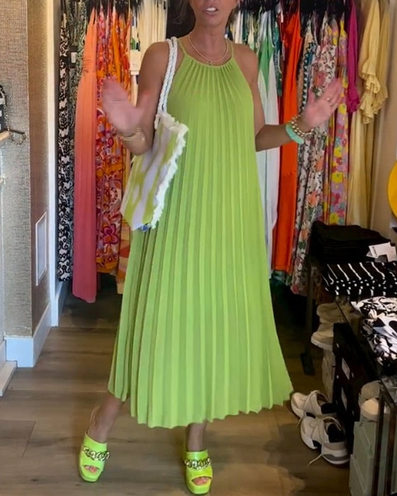 Pleated suspender solid color dress