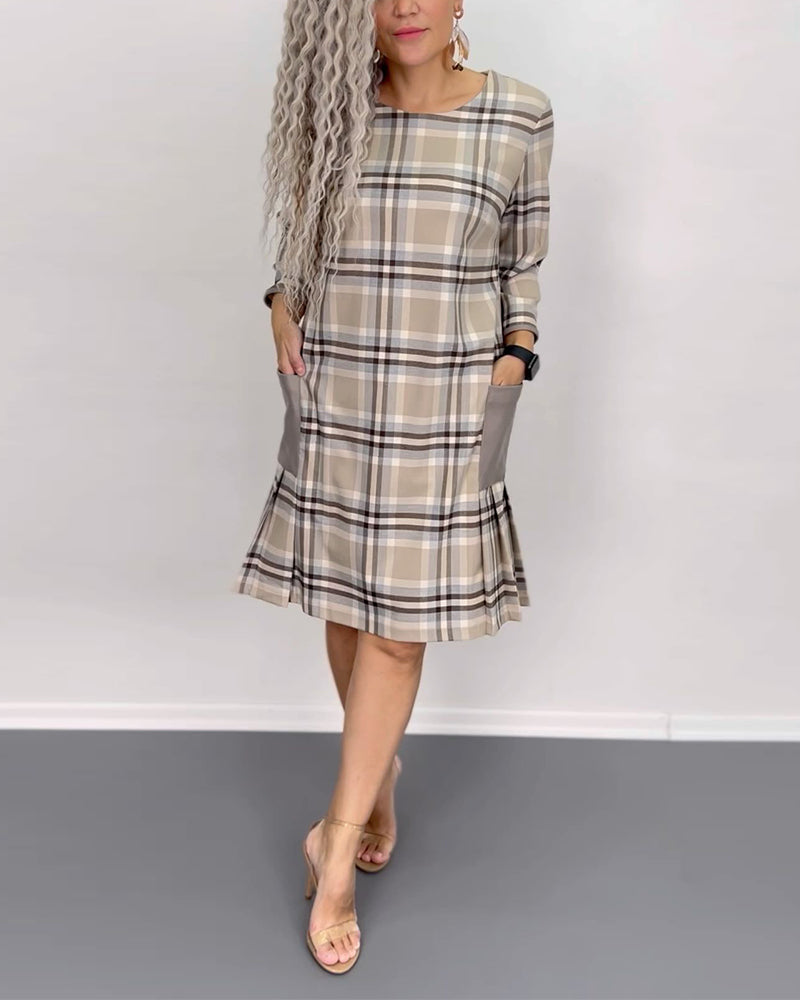 Plaid print patchwork pocket casual dress