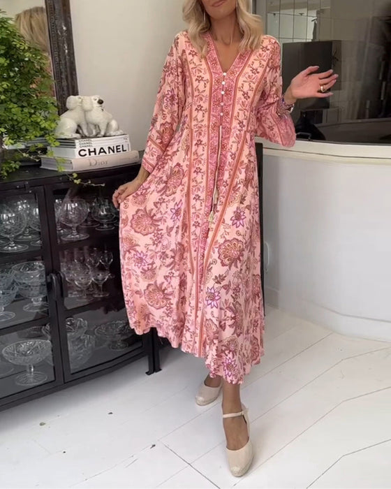 Elegant printed V-neck button drawstring dress