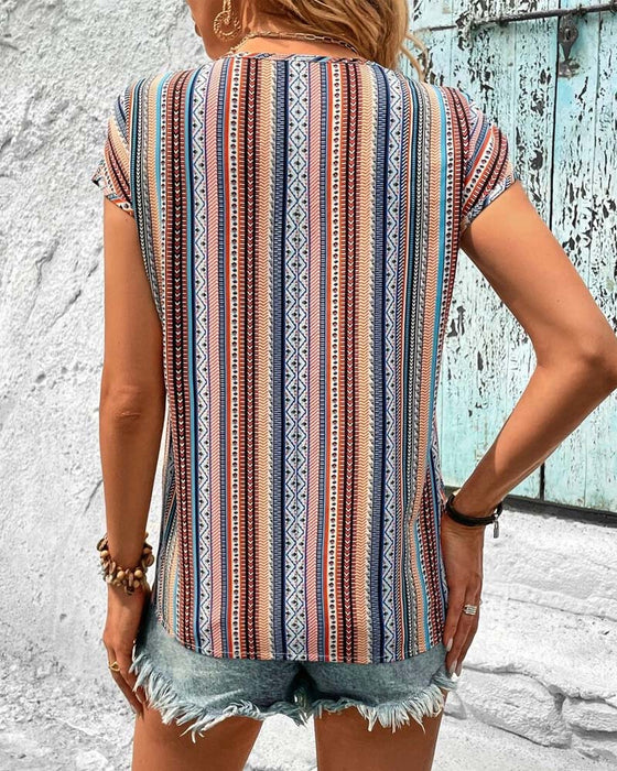 Colorful Printed Lace V-Neck T-Shirt