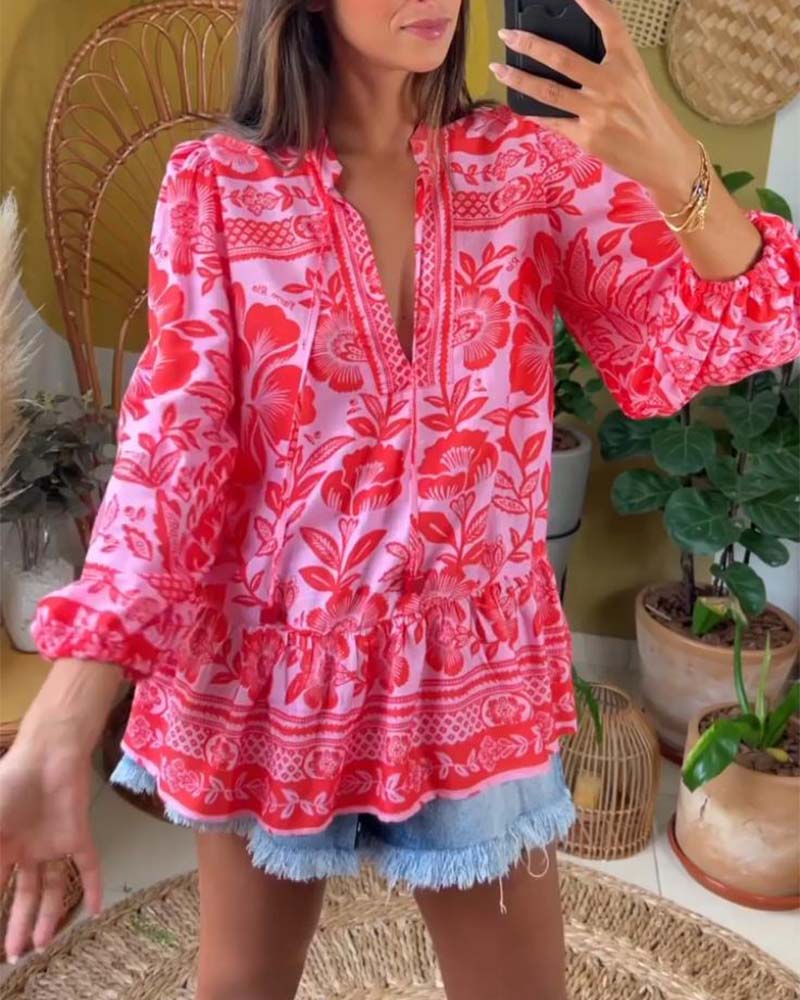 Floral print deep V blouse