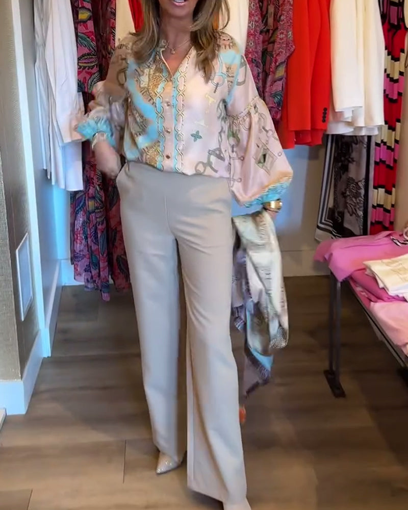 Retro printed lantern sleeve elegant shirt