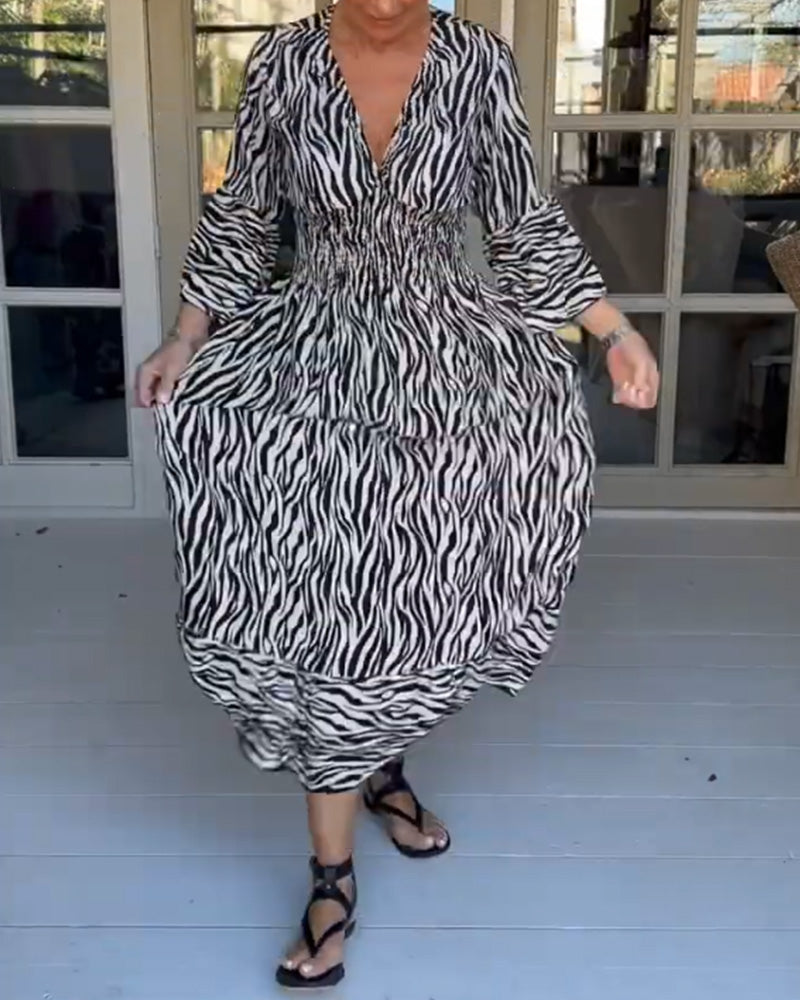 V-neck Striped Print Dress