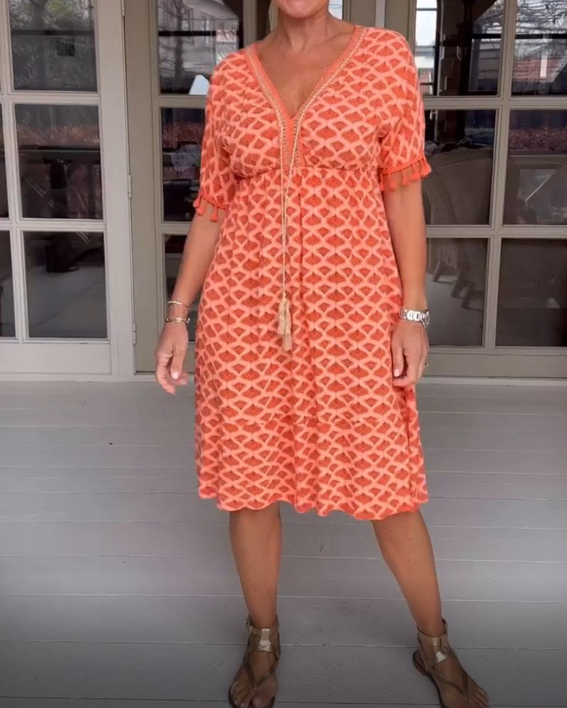 Printed v-neck fringed dress