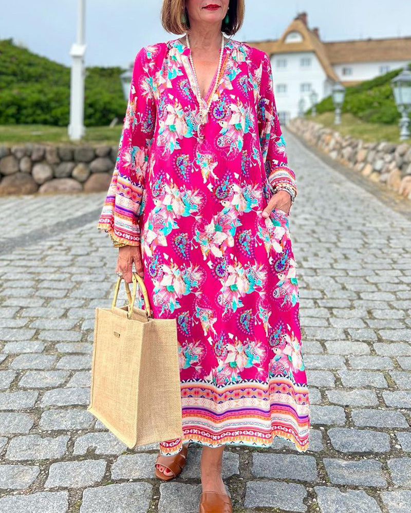 V neck long sleeve loose dress