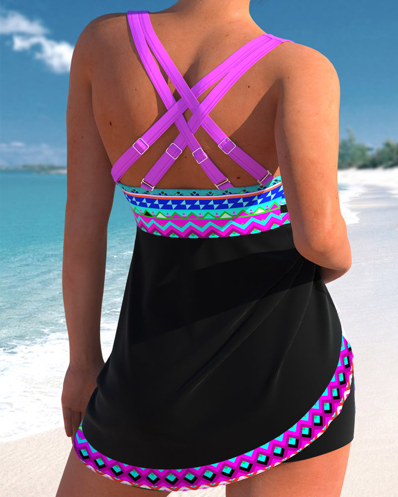 Striped printed lace-up swimsuit