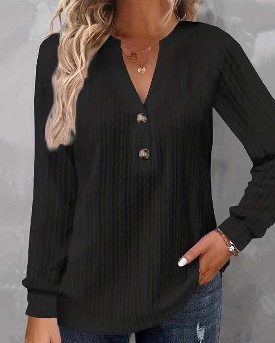 Solid color v neck button long sleeve top