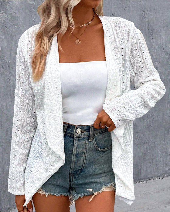 Hollow solid color elegant cardigan