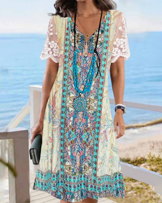 Lace Sleeve V Neck Dress