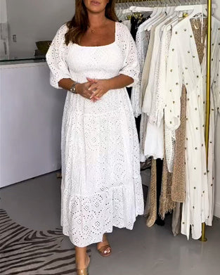 Square collar solid color hollow dress