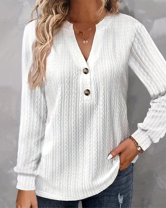 Solid color v neck button long sleeve top