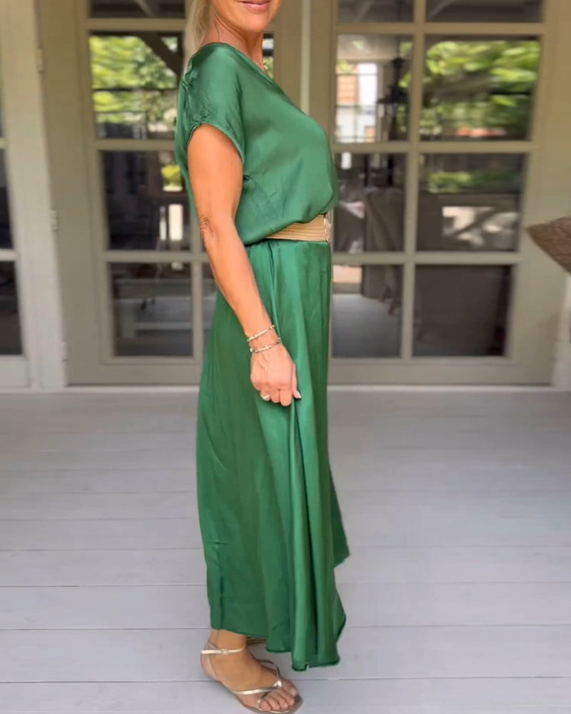Green Elegant Neck Dress (Belt Not Included)