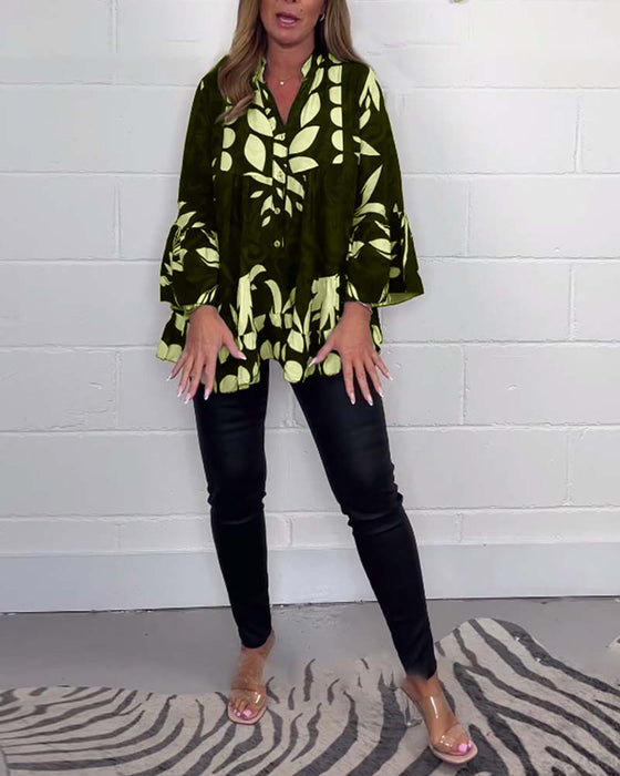 Printed button bell sleeve blouse
