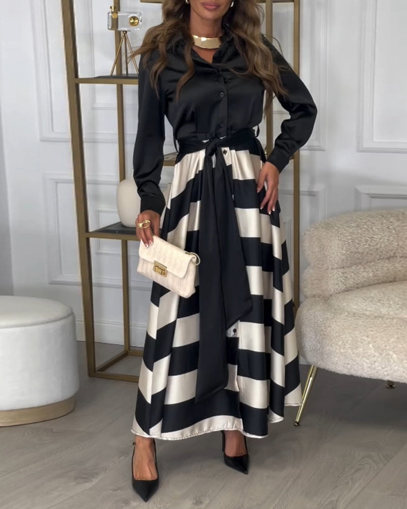 Elegant striped printed lapel strap dress