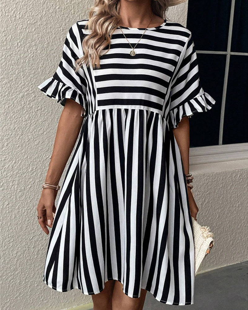 Round Neck Striped Print A-Line Dress