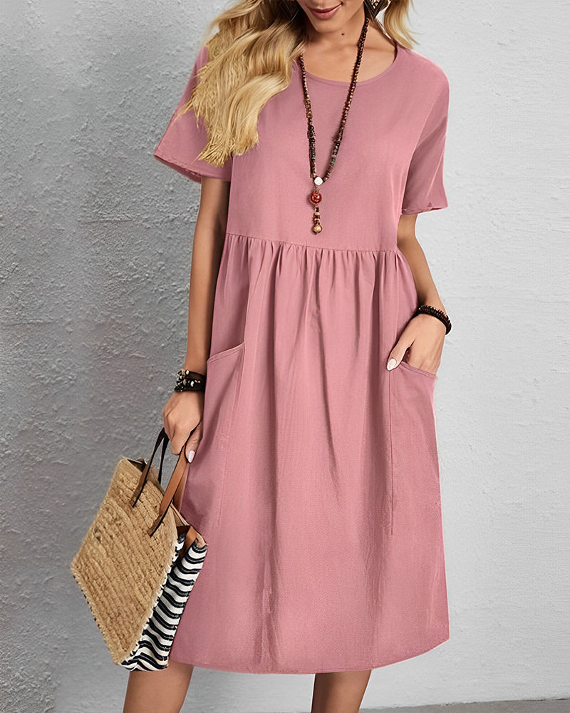 Round neck pleated short sleeve dress