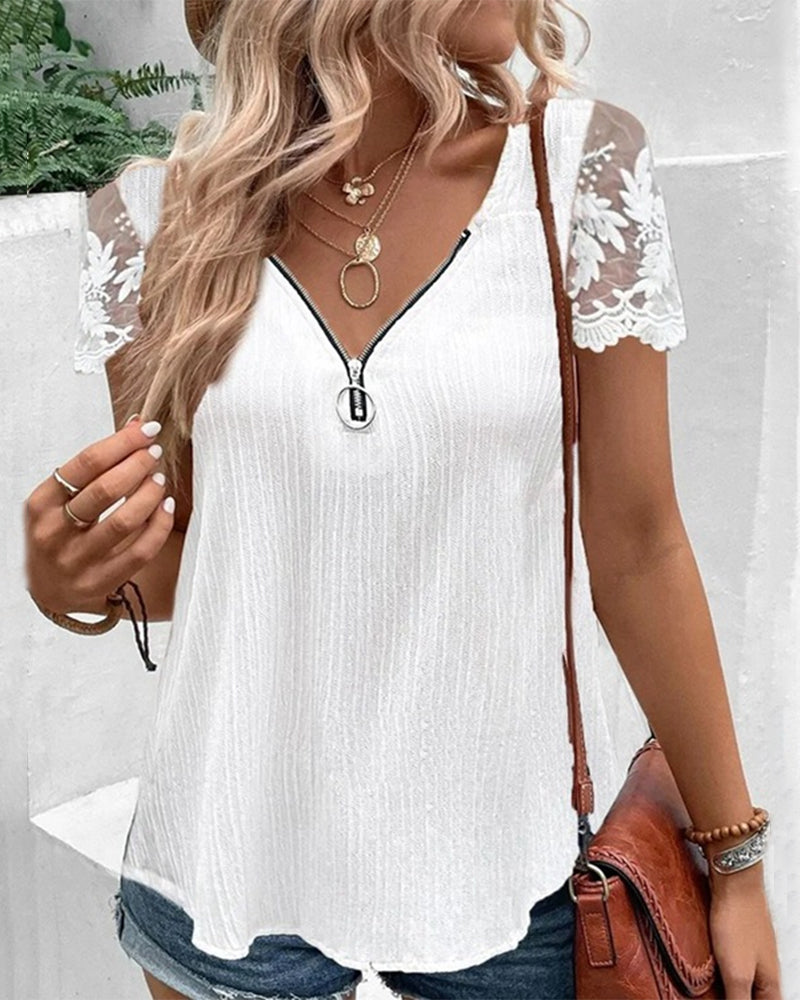 Casual zipper lace short sleeves
