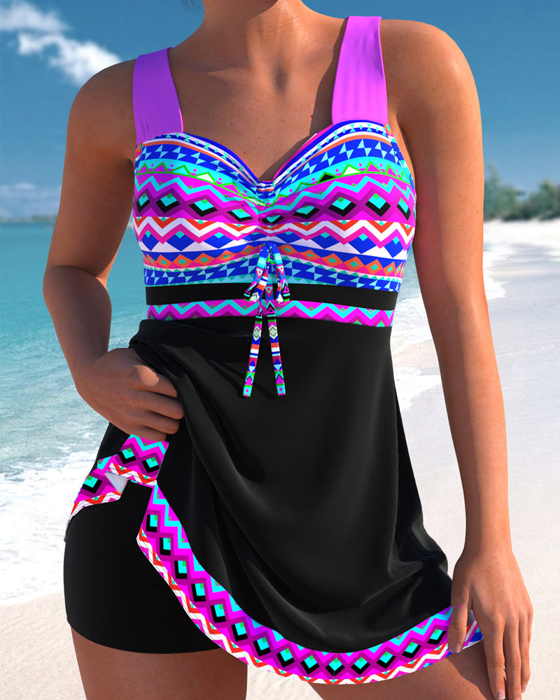 Striped printed lace-up swimsuit