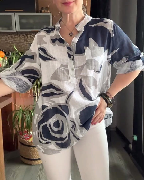 Casual Stand Collar Printed Blouse